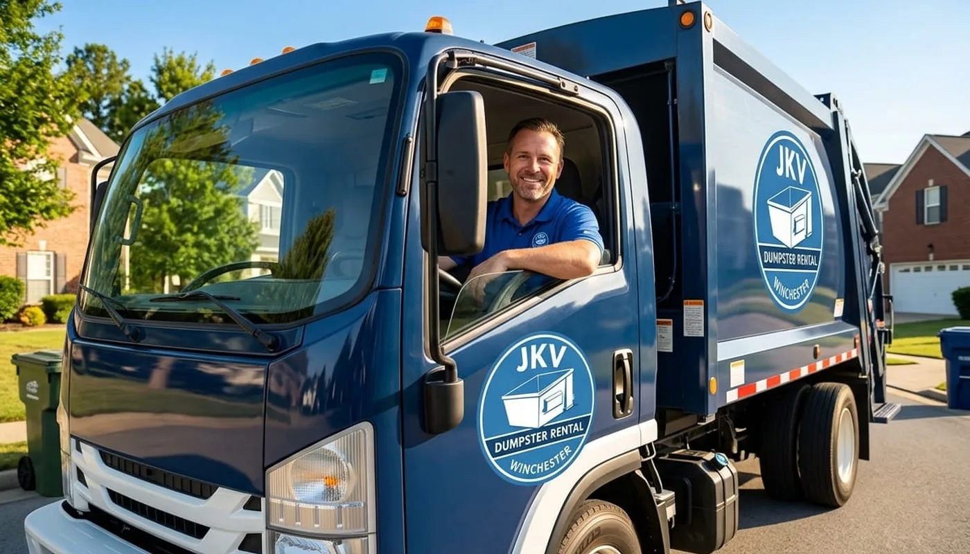 Dumpster rental in Winchester, VA JKV roll-off dumpster being delivered to a Winchester, Virginia driveway